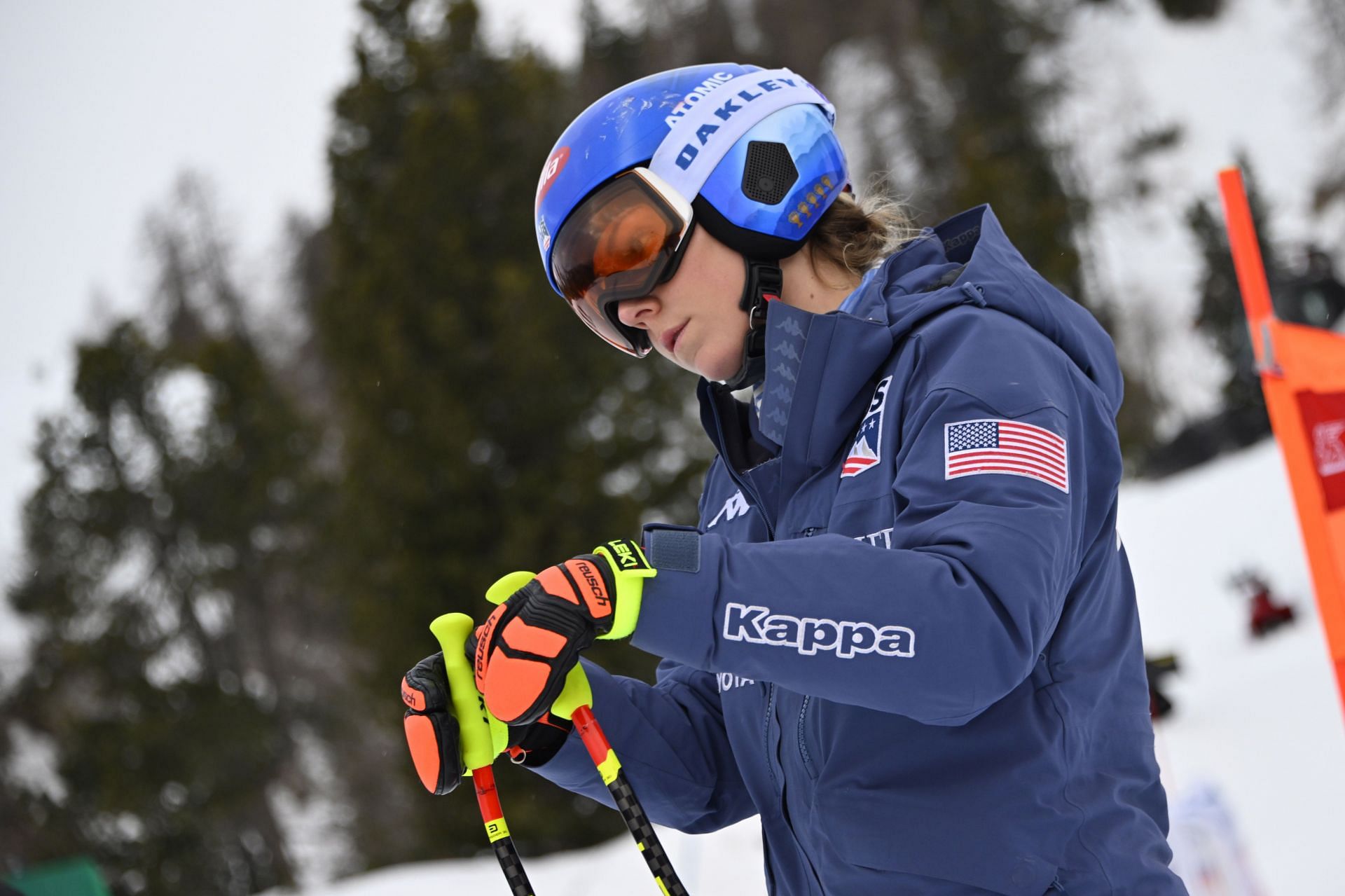 Mikaela Shiffrin at the inspection during the Audi FIS Alpine Ski World Cup Women&#039;s Downhill training in Cortina d&#039;Ampezzo, Italy.