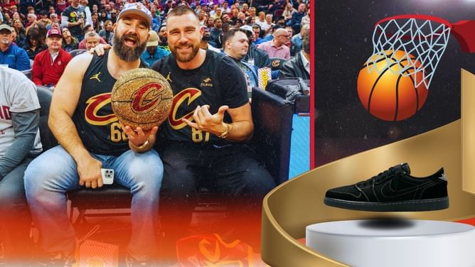 Travis Kelce sports $1061 Travis Scott x Air Jordan 1 Low OG SP "Black Phantom" on Kelce brothers' Bobblehead night