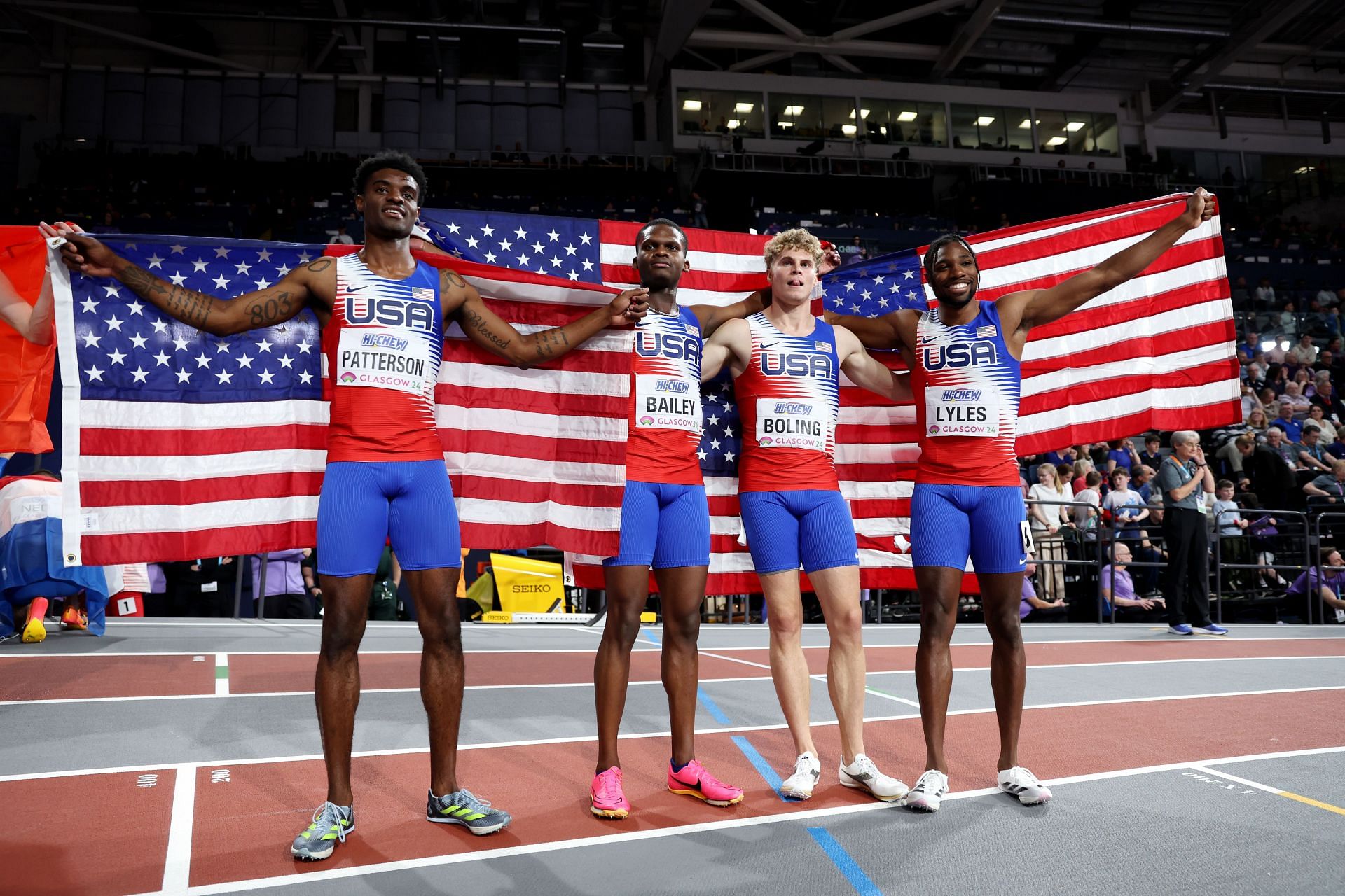 USA Men&#039;s 4x400m Relay team at the World Athletics Indoor Championships Glasgow 2024. (Photo by Michael Steele/Getty Images)