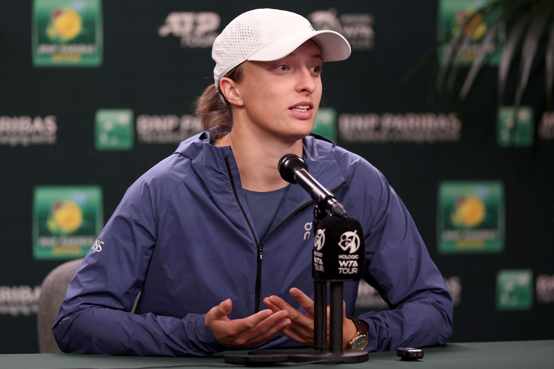 Iga Swiatek speaking to the press at the 2024 BNP Paribas Open