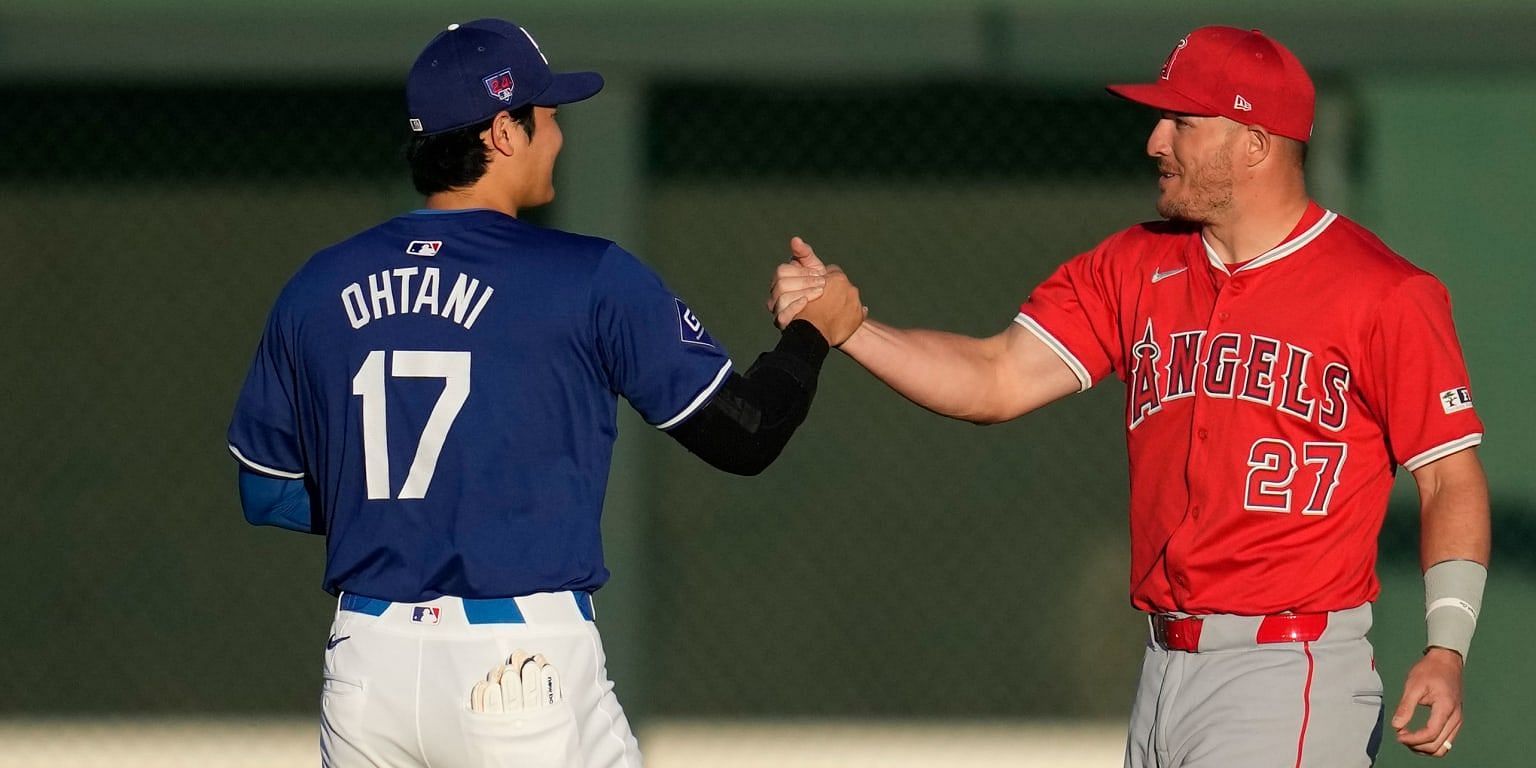 Shohei Ohtani &amp; Mike Trout embraced each other on Tuesday (Credits: MLB.com)