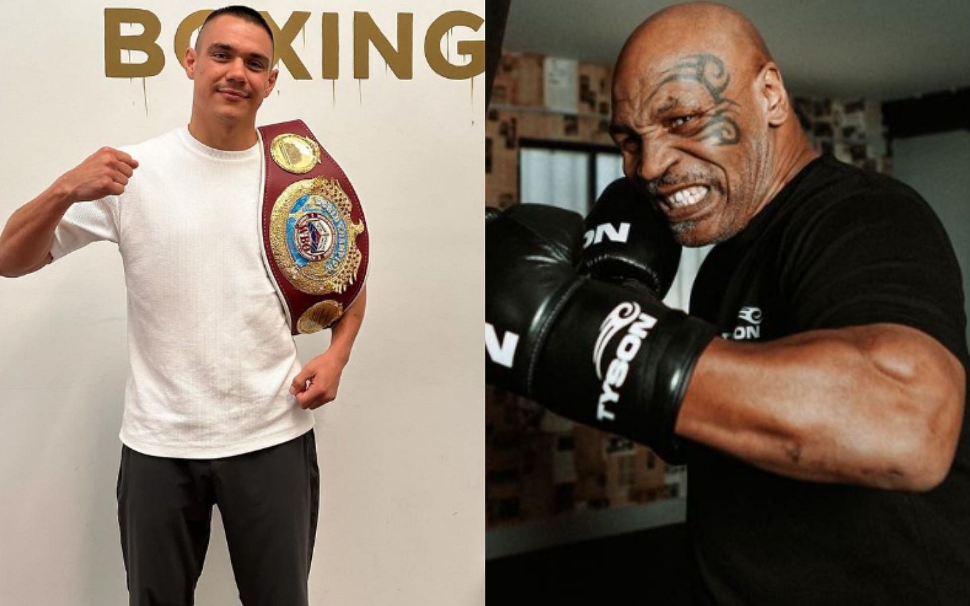Tim Tszyu (left) weighs in on Mike Tyson