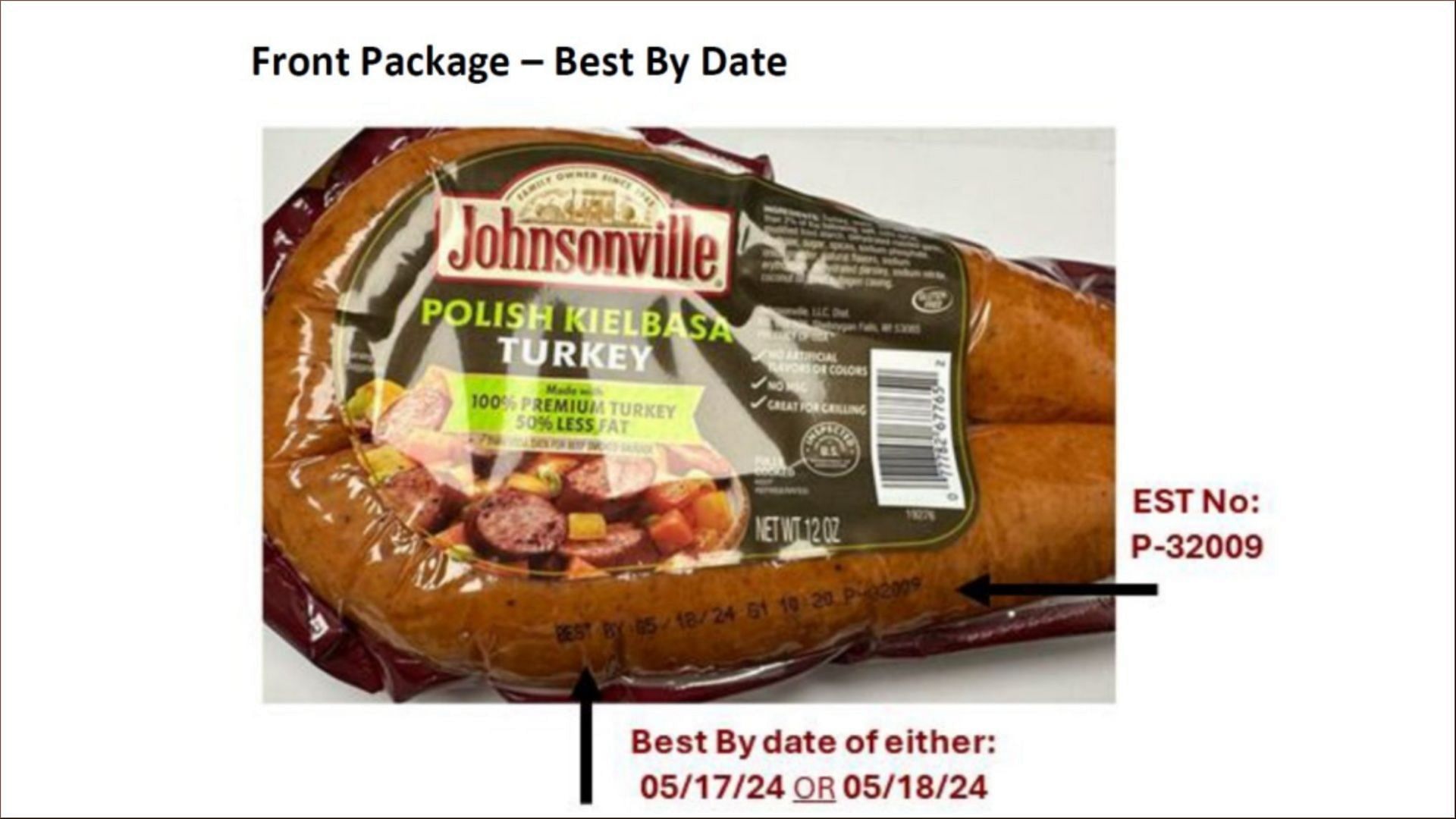 The Johnsonville turkey kielbasa sausage products contain pieces of rubber (Image via FSIS)