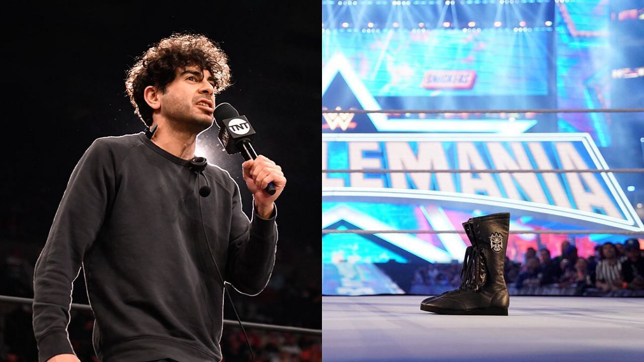 Tony Khan (left) and a WWE ring (right)