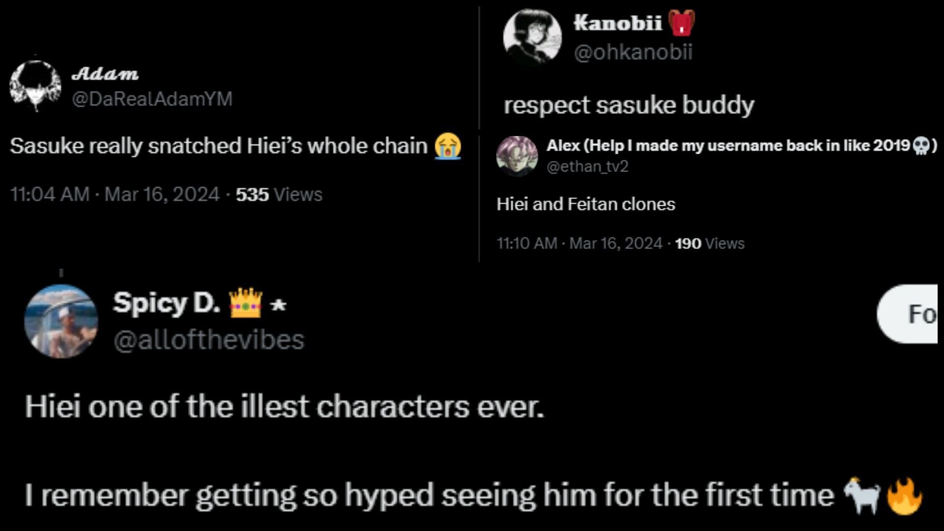 Yu Yu Hakusho and Nartuo fans come to the defense of their respective fandoms on X (formerly Twitter) (Images via X users @allofthevibes, @DaRealAdamYM, @ohkanobii, @ethan_tv2)