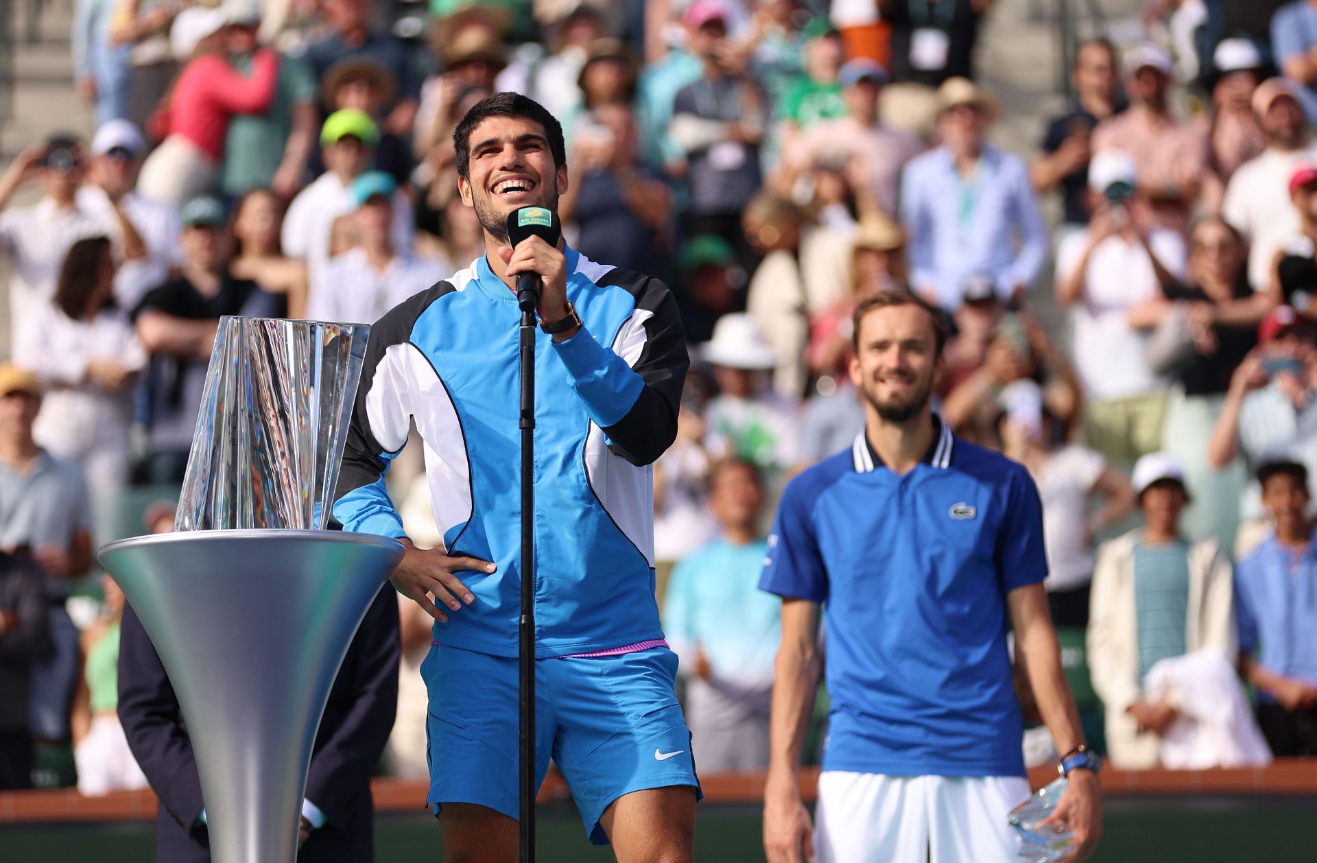 Carlos Alcaraz (L) and Daniil Medvedev (R) during the BNP Paribas Open 2024 trophy presentation