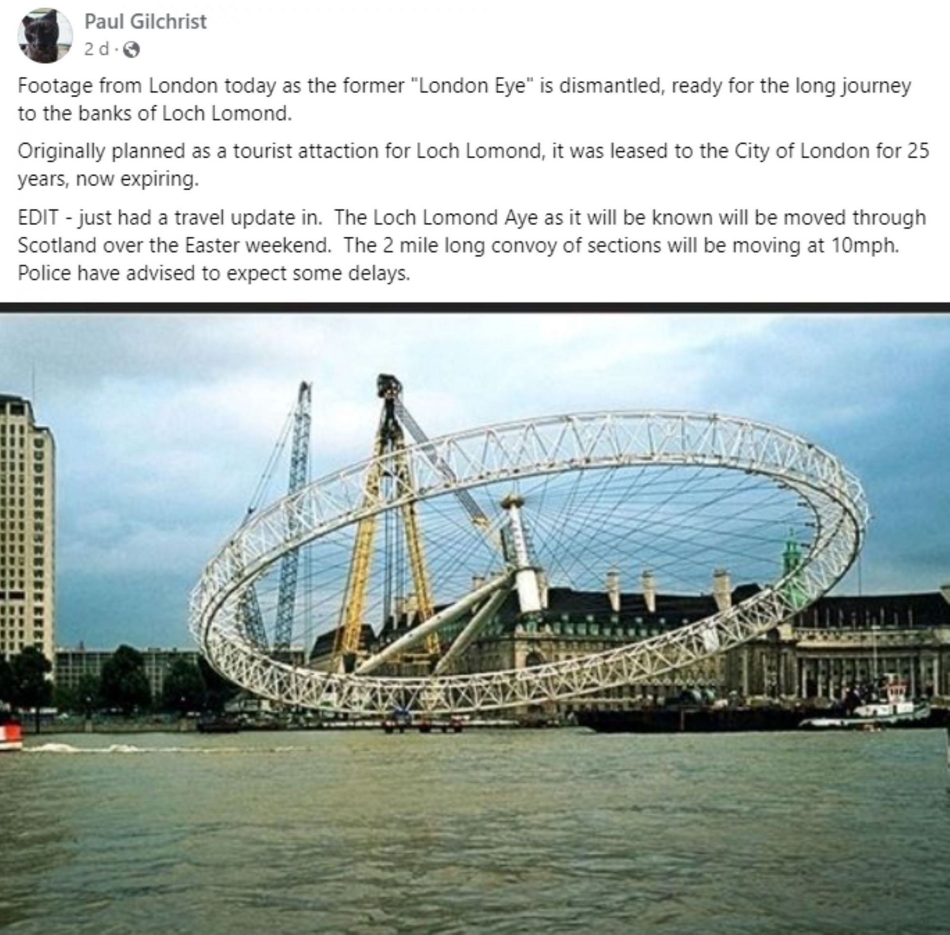 Facebook user claims that the London tourist site is being moved to Scotland (Image via Facebook)