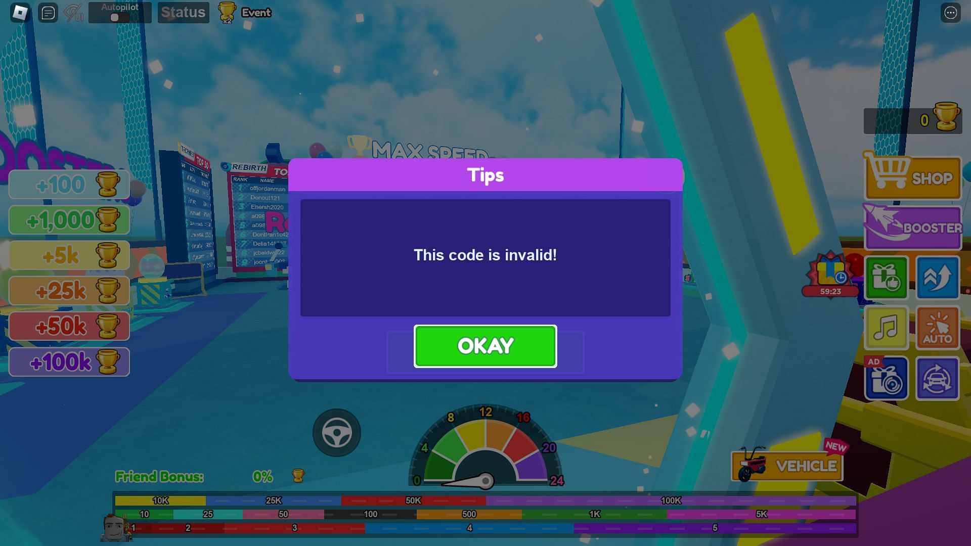 Troubleshooting codes for Max Speed (Image via Roblox)