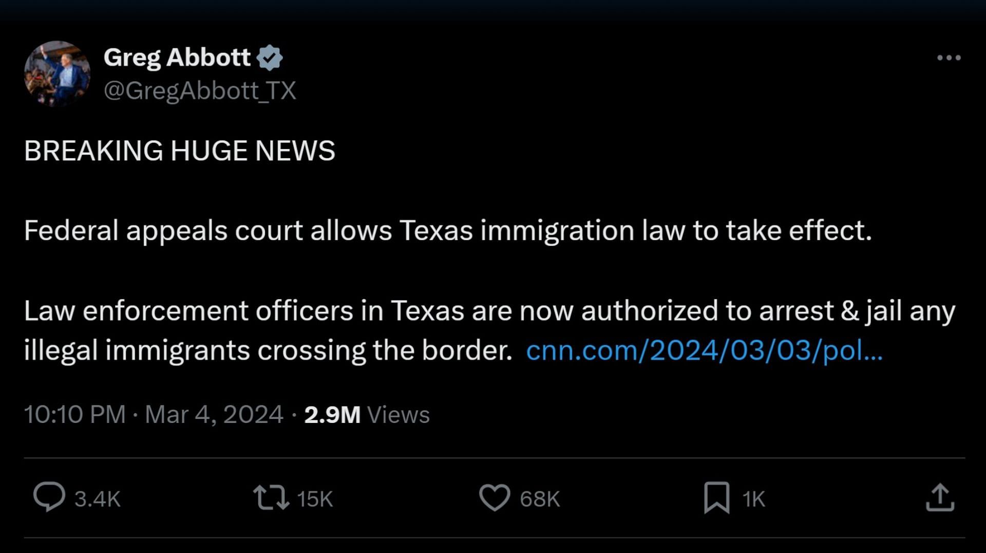 Greg Abbott&#039;s tweet (Image via X/@GregAbbott_TX)