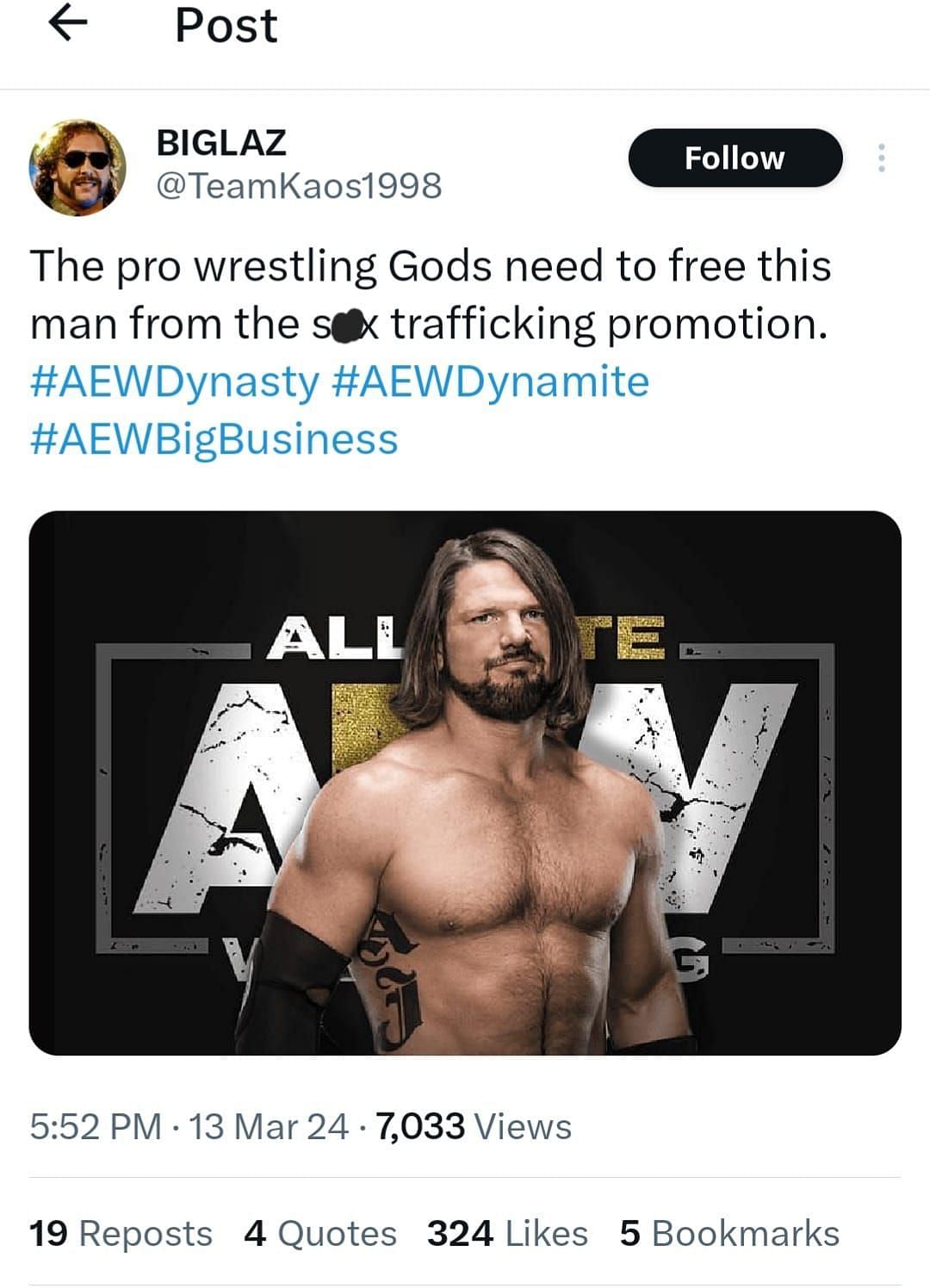 Screenshot of tweet asking AJ Styles to jump to AEW