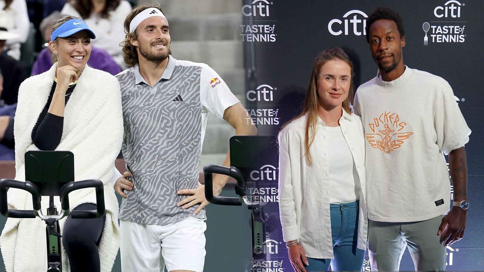 Stefanos Tsitsipas and Paula Badosa (left) and Gael Monfils and Elina Svitolina