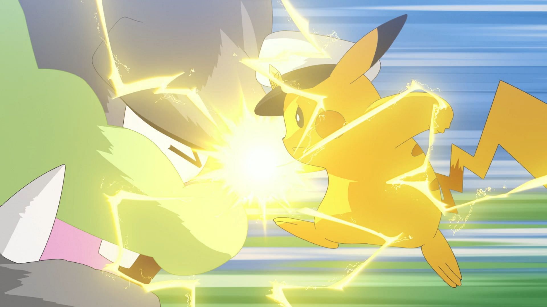 Captain Pikachu strikes with Thunder Punch in Pokemon Horizons. (Image via The Pokemon Company)