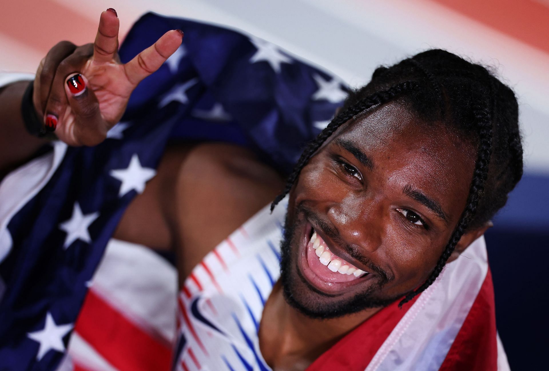 Noah Lyles poses for a photo after the Men&#039;s 4x400 Metres Relay Final at the World Athletics Indoor Championships in Glasgow, Scotland.