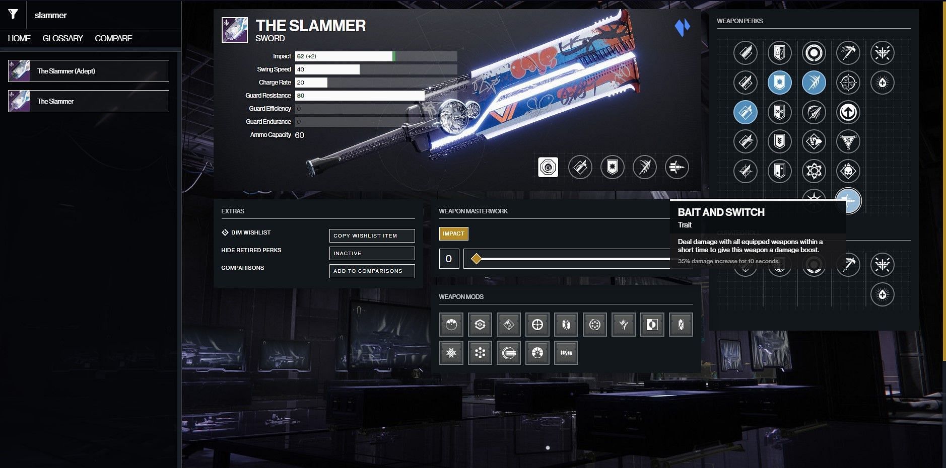 The Slammer PvE god roll for boss damage (Image via D2Gunsmith)