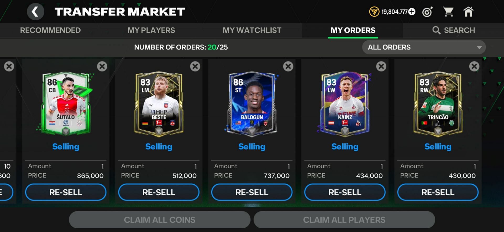 The 80+ players must be sold at 400k or higher (Image via EA Sports)