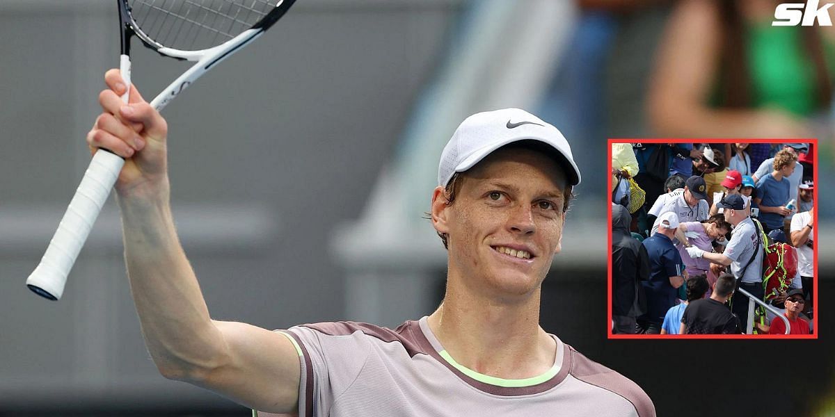 Jannik Sinner (in frame), an unwell fan attended by medics at the Miami Open (inset)