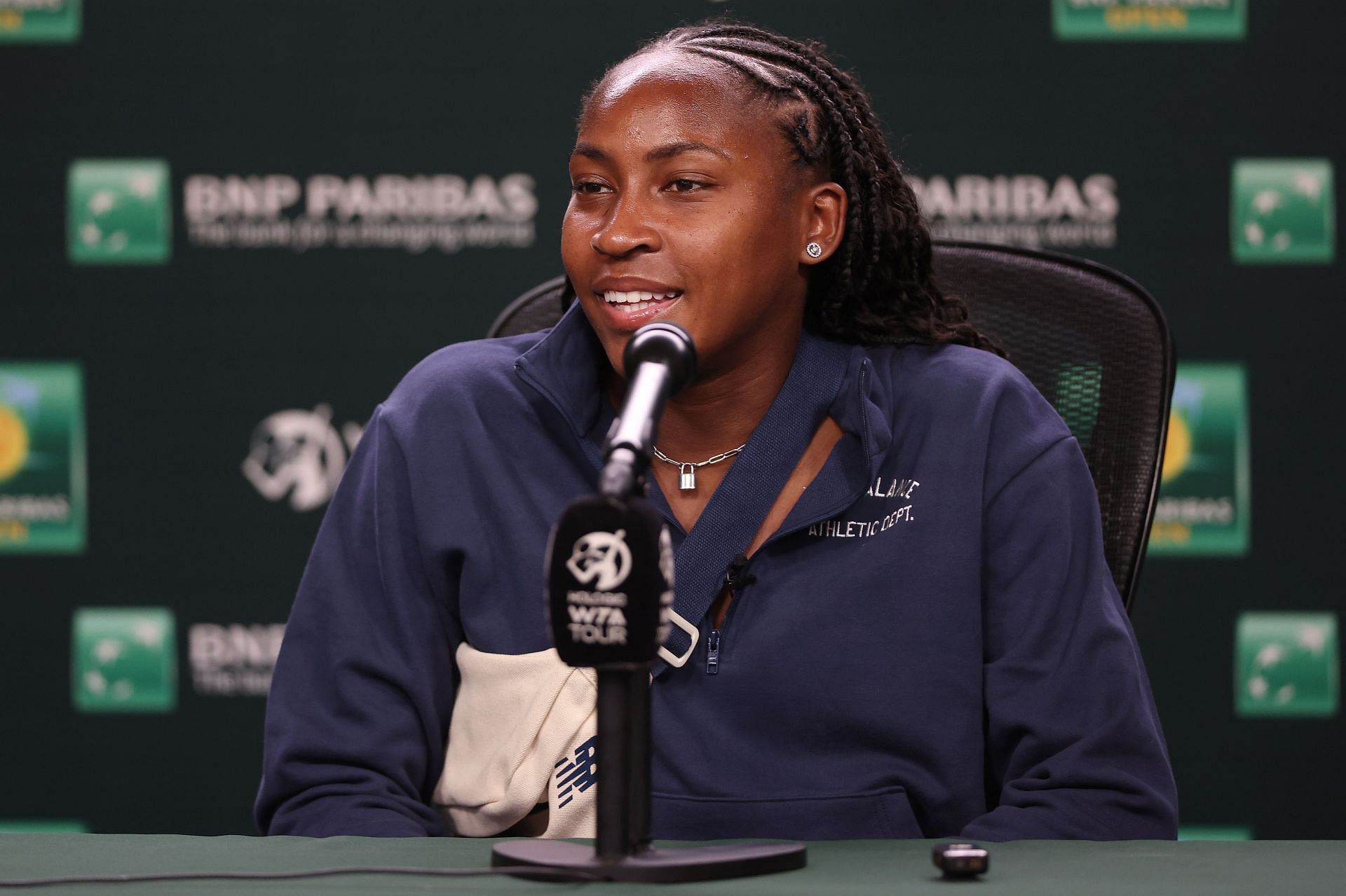 Coco Gauff addresses a press conference at the BNP Paribas Open