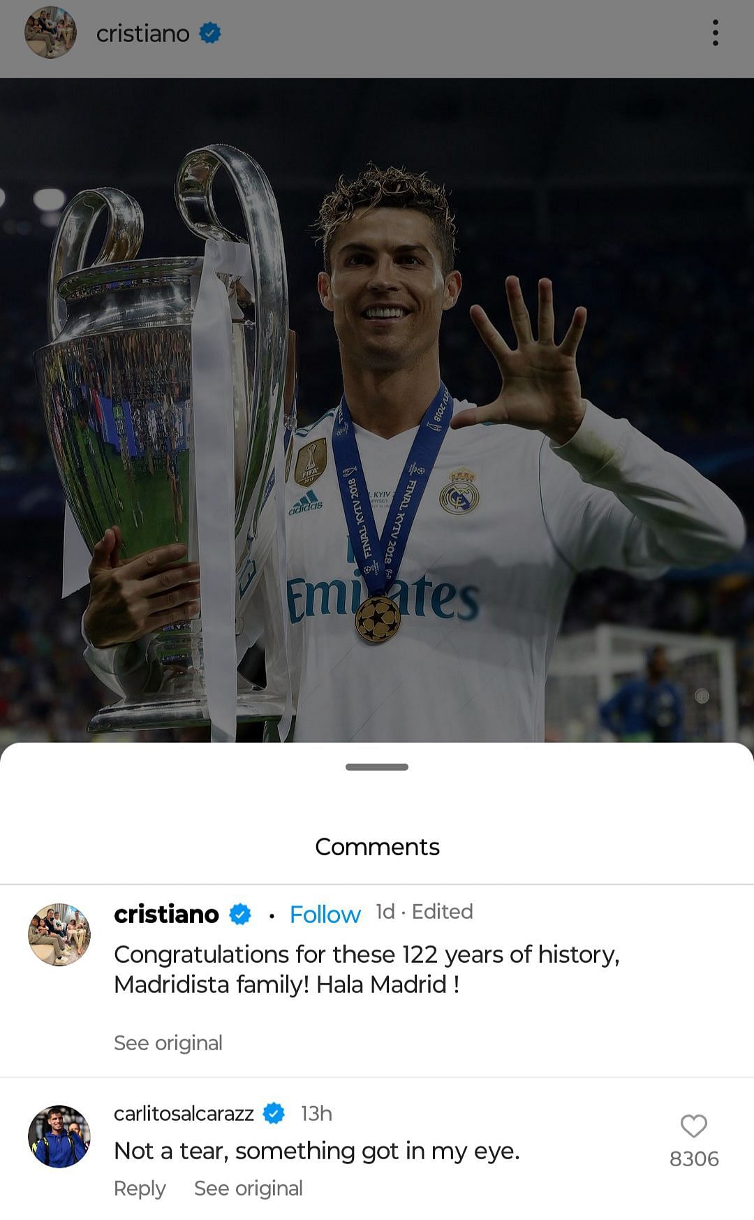 Carlos Alcaraz replies on Cristiano Ronaldo&#039;s post.