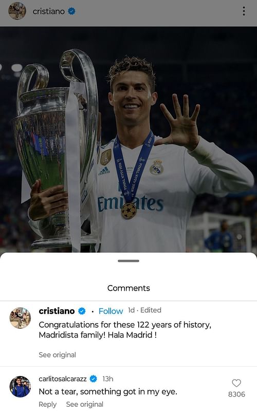 Carlos Alcaraz replies on Cristiano Ronaldo's post.