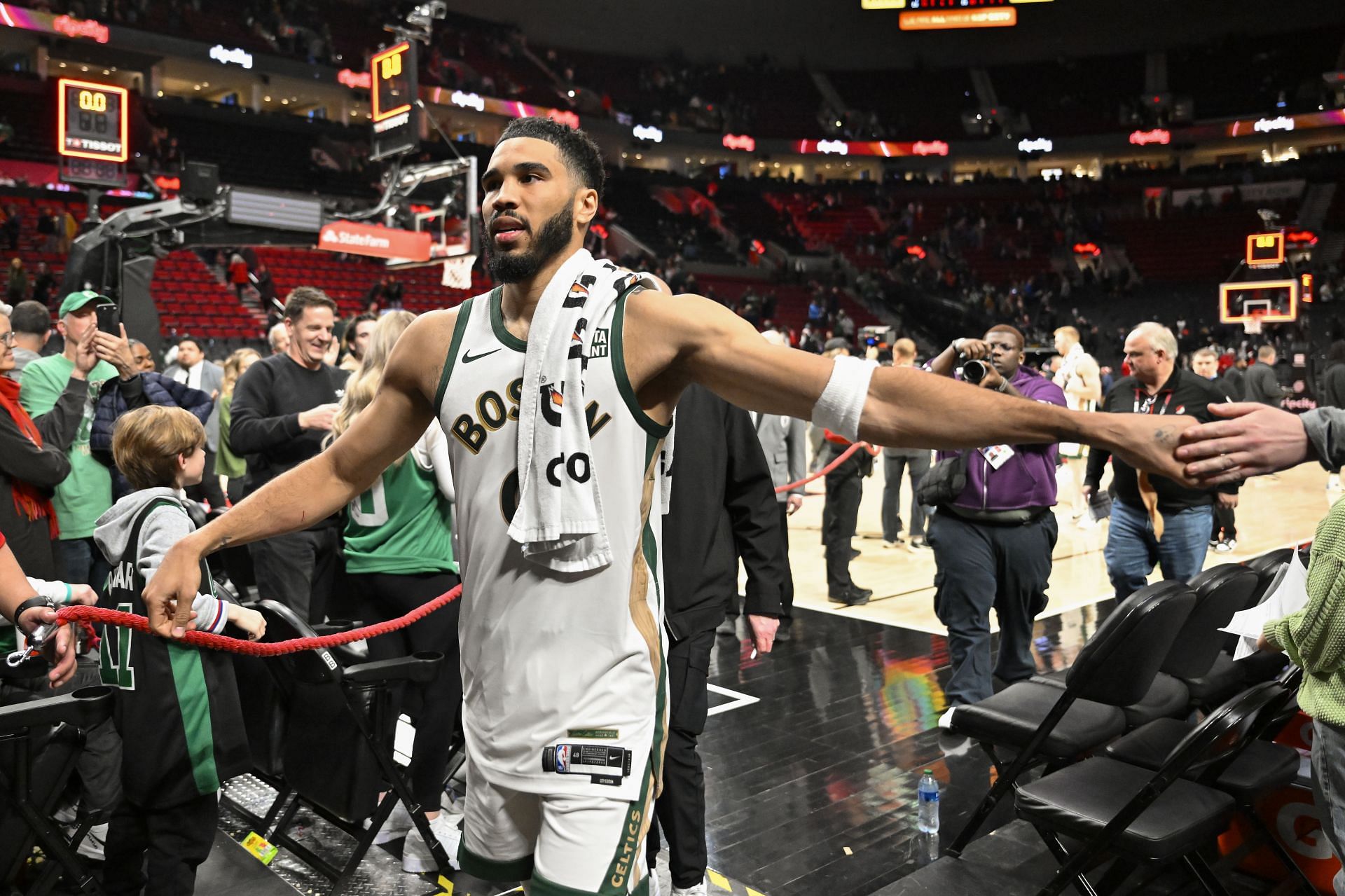 Jayson Tatum in action for the Boston Celtics v Portland Trail Blazers