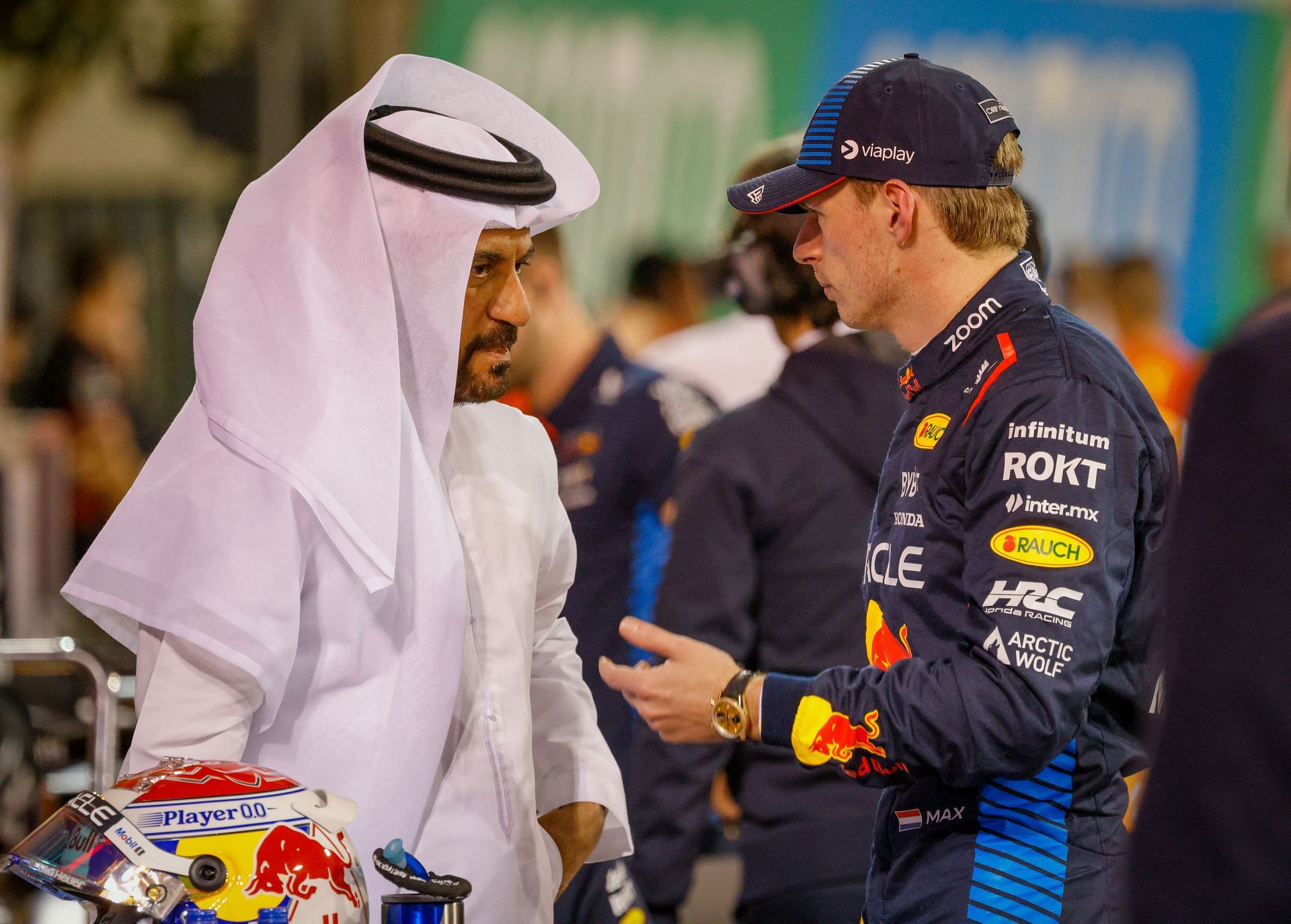 FIA President Mohammed Ben Sulayem speaking to race winner Max Verstappen after the 2024 Bahrain GP (Photo by Getty Images/Getty Images)