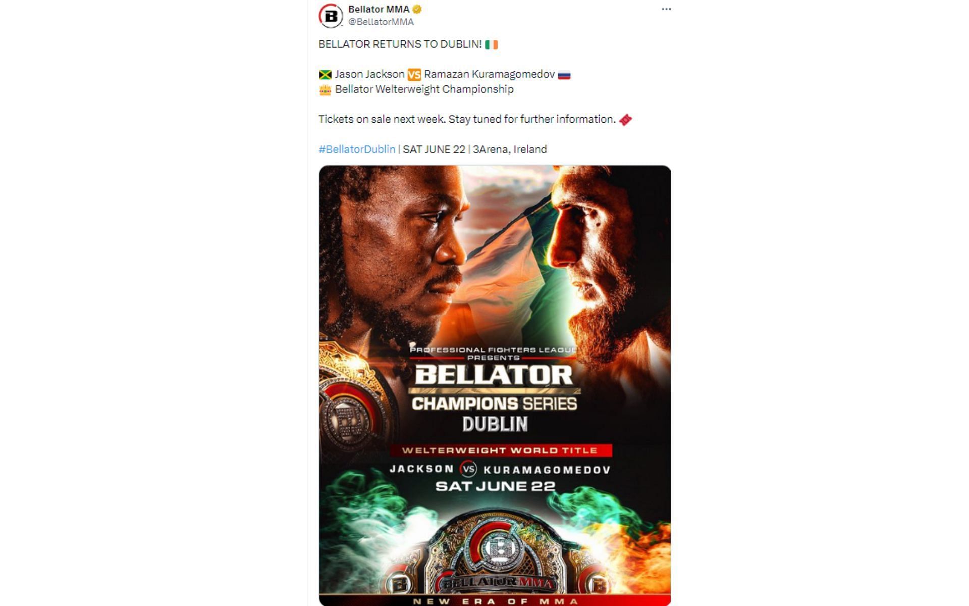 Tweet regarding welterweight title fight announcement [Image courtesy: @BellatorMMA - X]