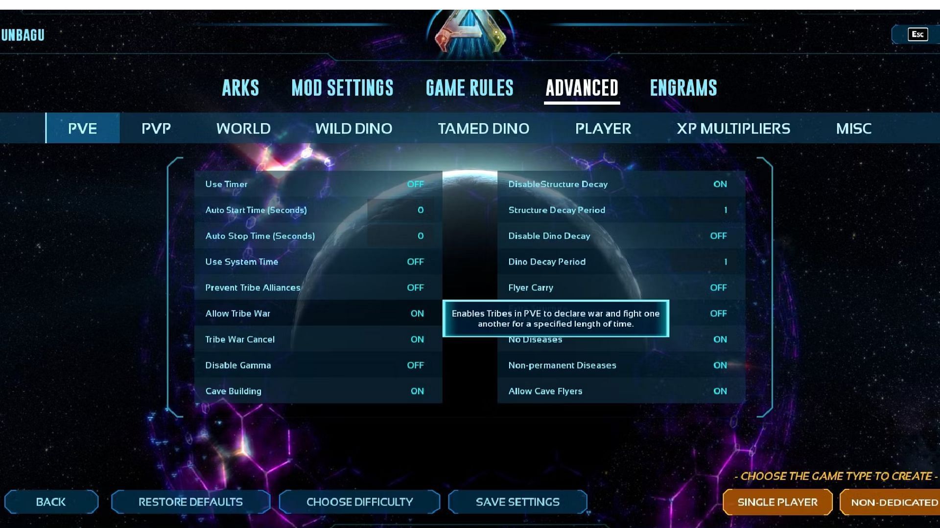 Advanced Settings the PvP and PvE aspects of the game (Image via Studio Wildcard)