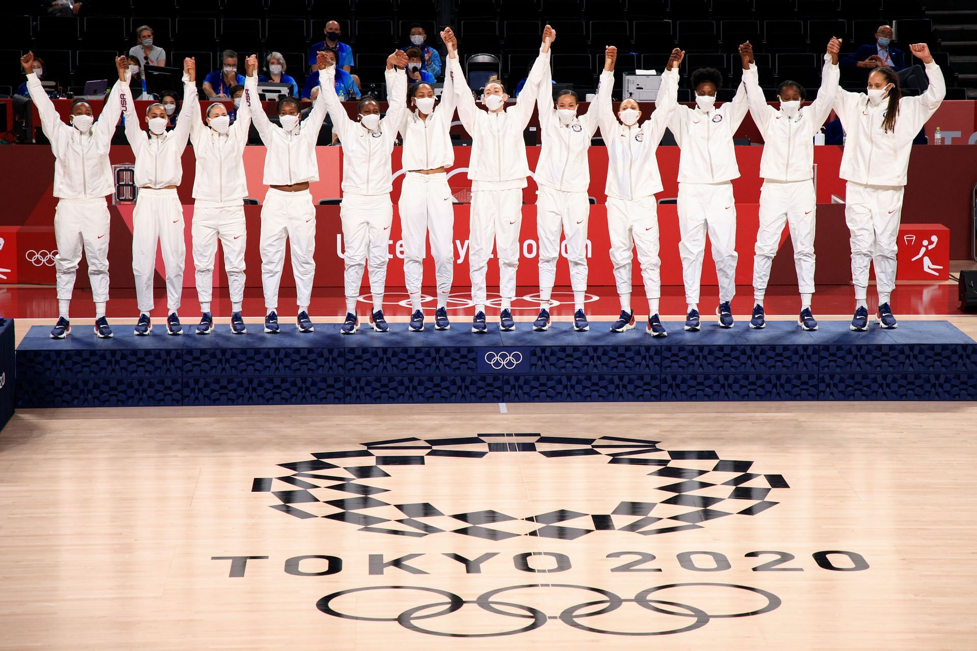 United States celebrates on the medal stand during the Women&#039;s Basketball medal ceremony at the 2020 Tokyo Olympic Games. (Photo by Mike Ehrmann/Getty Images)