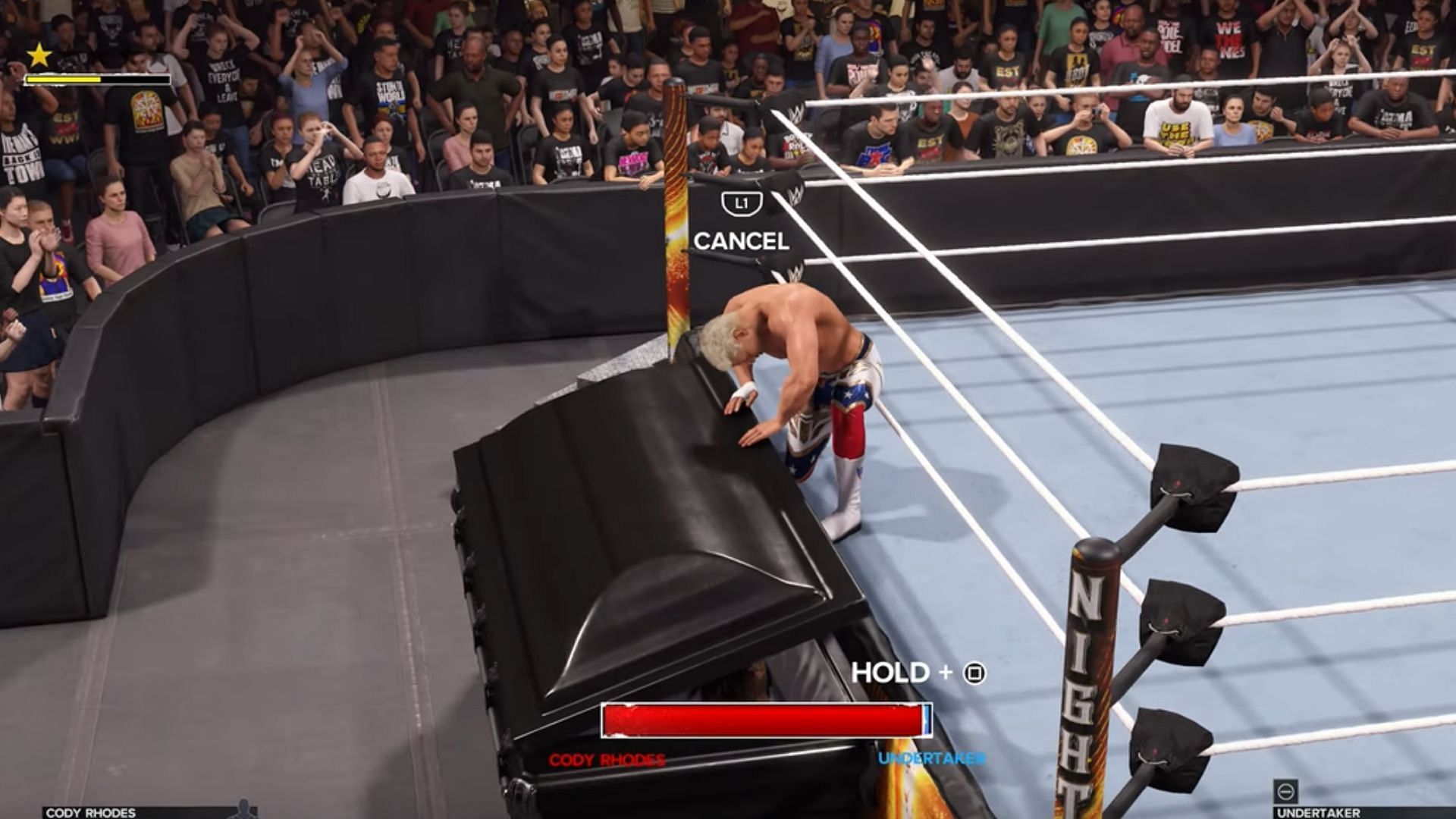 Throw The Undertaker into the Casket and earn the Closed Casket trophy in WWE 2K24 (Image via YouTube/ Poru99)