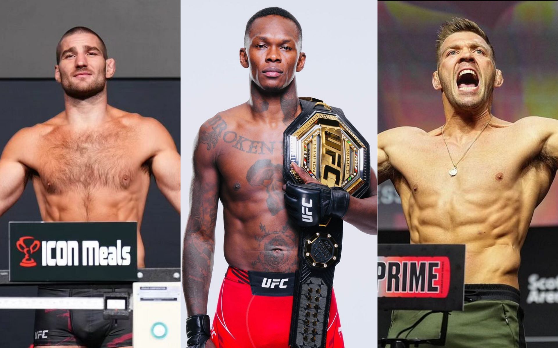 Israel Adesanya (center) details plans to rematch Sean Strickland (left) and face Dricus du Plessis (right) [Photo Courtesy @stylebender, @stricklandmma and @dricusduplessis on Instagram]