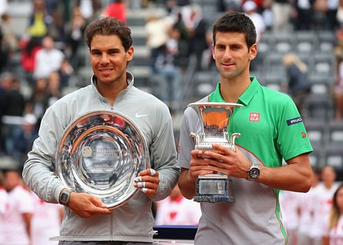 Rafael Nadal (left) and Novak Djokovic at the 2014 Rome Masters