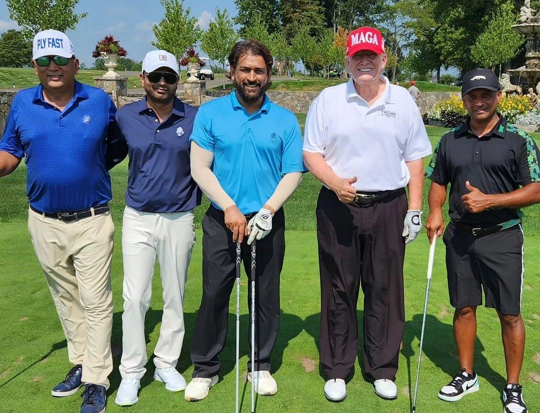 MS Dhoni posing with Donald Trump during a golf game