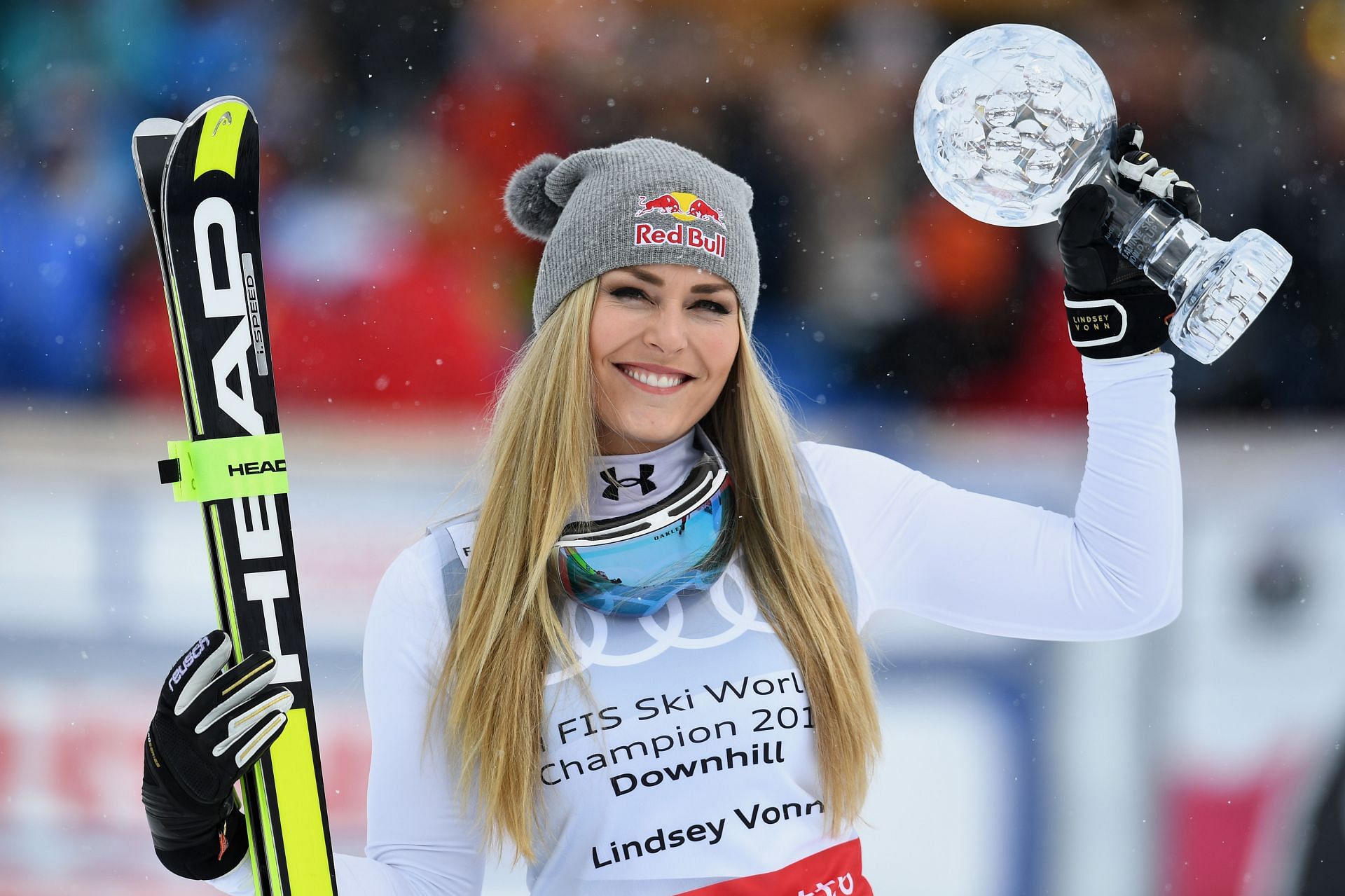 Lindsey Vonn of the USA poses with the Women&#039;s World Cup Downhill Crystal Globe trophy after the Women&#039;s Downhill Race on March 16, 2016 in St Moritz, Switzerland. (Photo by Matthias Hangst/Getty Images)