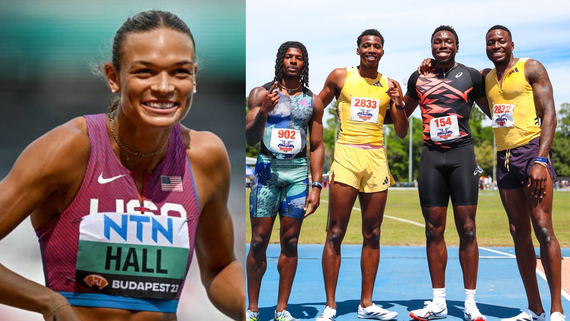 Anna Hall and Grant Holloway, PJ Austin, Joseph Fahnbulleh and Erriyon Knighton (Image via Getty Images and Twitter/ GatorsTF)