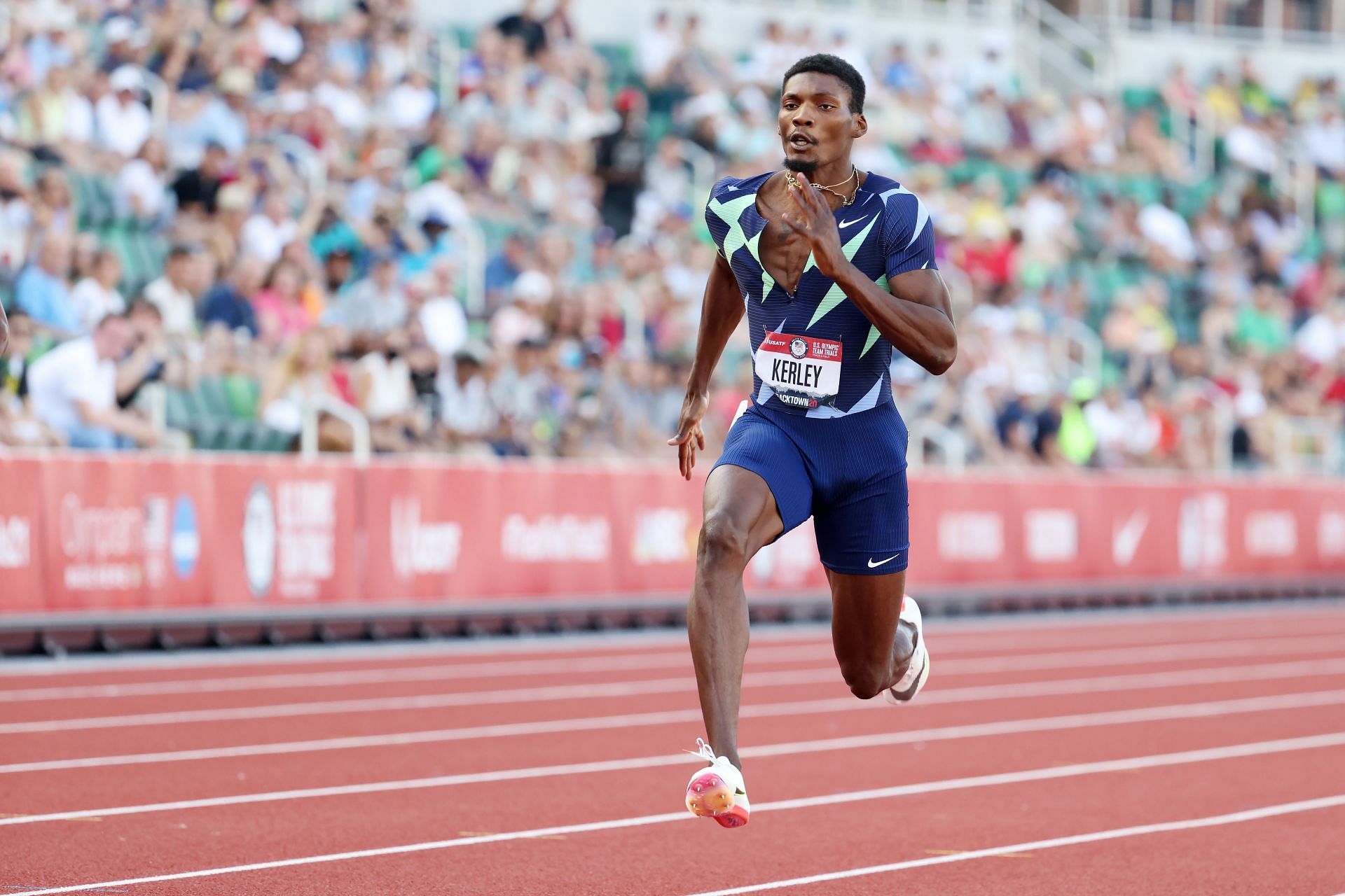 Fred Kerley competes in the Men&#039;s 100 Meter Semi-Final at the 2020 U.S. Olympic Track &amp; Field Team Trials. (Photo by Andy Lyons/Getty Images)