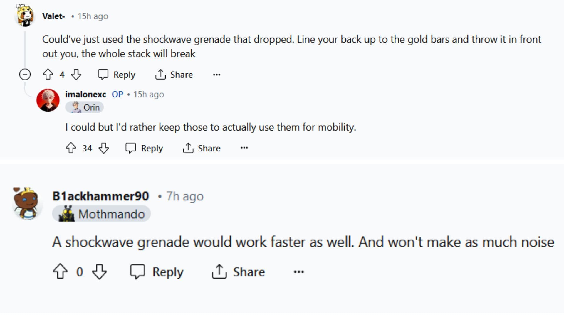 Some other users expressed their views on utilizing the shockwave grenades. (Image via Reddit/FortNiteBR)