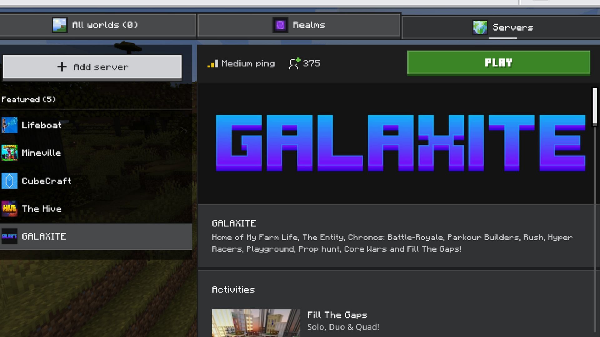 This Minecraft preview&#039;s new server browser UI includes featured game servers. (Image via Mojang)