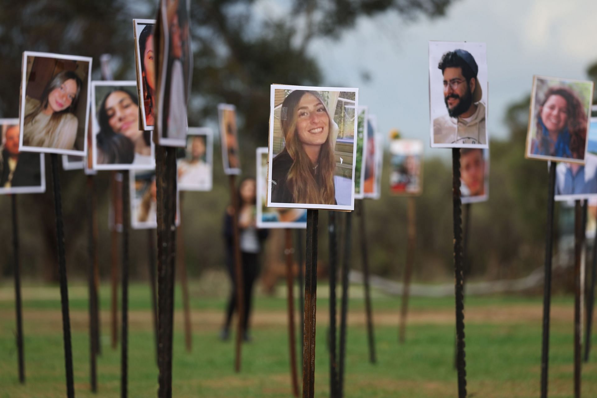Pictures of victims of the Nova music festival stand at the site of the October 7th massacre near Kibbutz Re&#039;im and the border with Gaza (Photo by Spencer Platt/Getty Images)