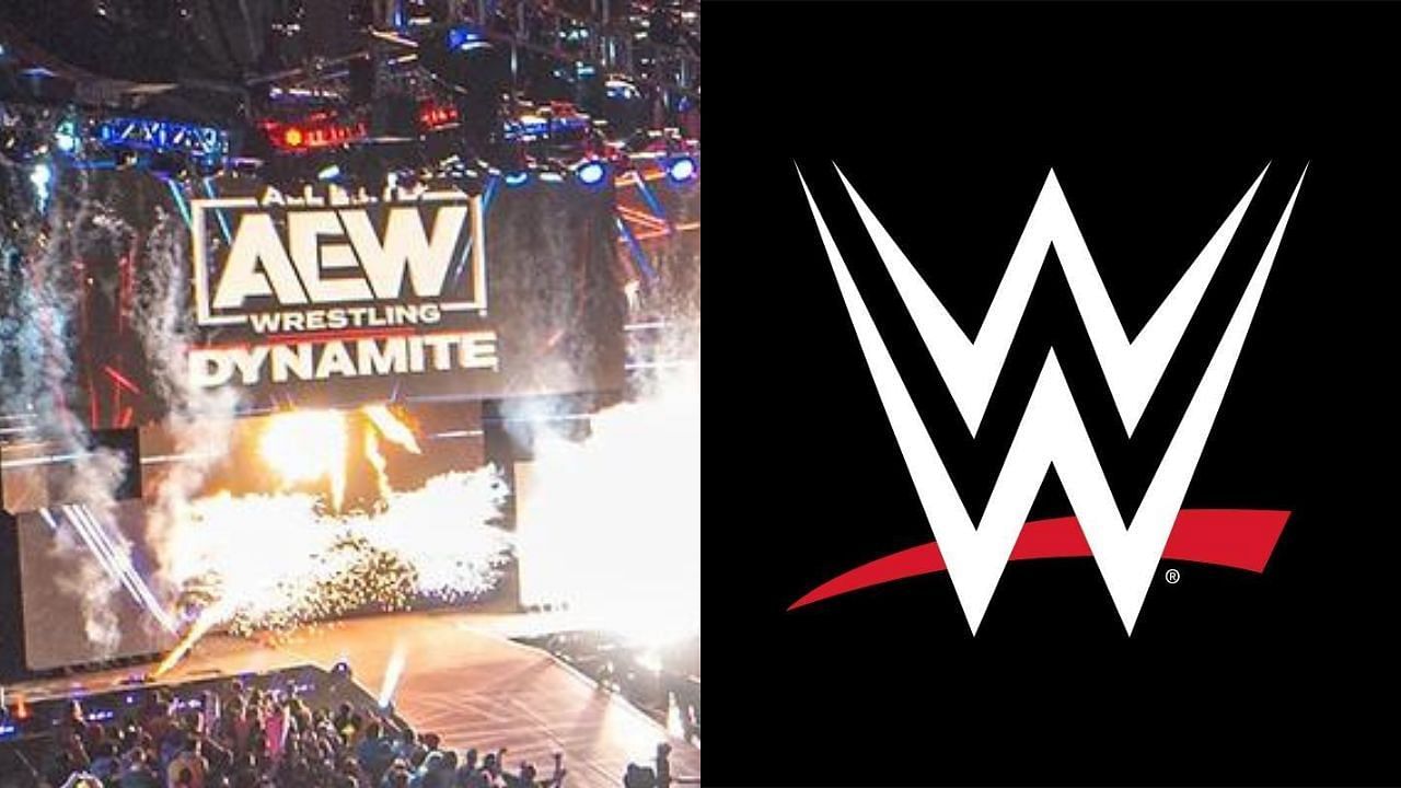 AEW Dynamite arena (left) and WWE logo (right)