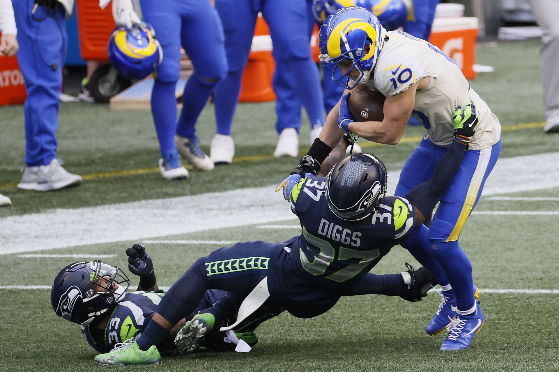 Quandre Diggs and Jamal Adams tackling Cooper Kupp during the wild-card Round - Los Angeles Rams vs. Seattle Seahawks