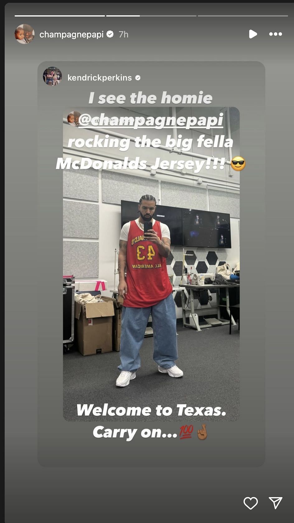 Drake shows love to Kendrick Perkins with the jersey.