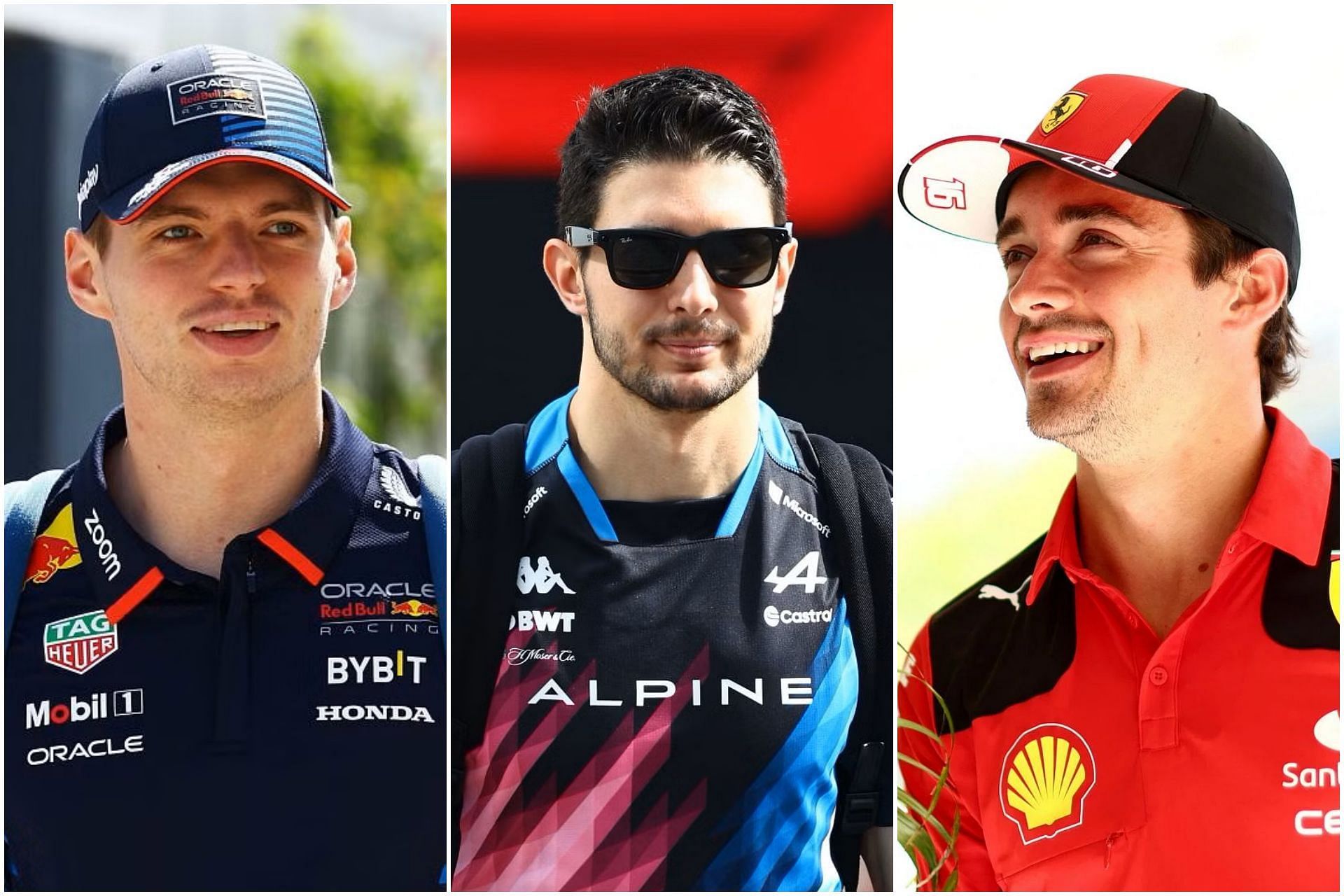 Max Verstappen (L), Esteban Ocon (C), and Charles Leclerc (R) (Collage via Sportskeeda)
