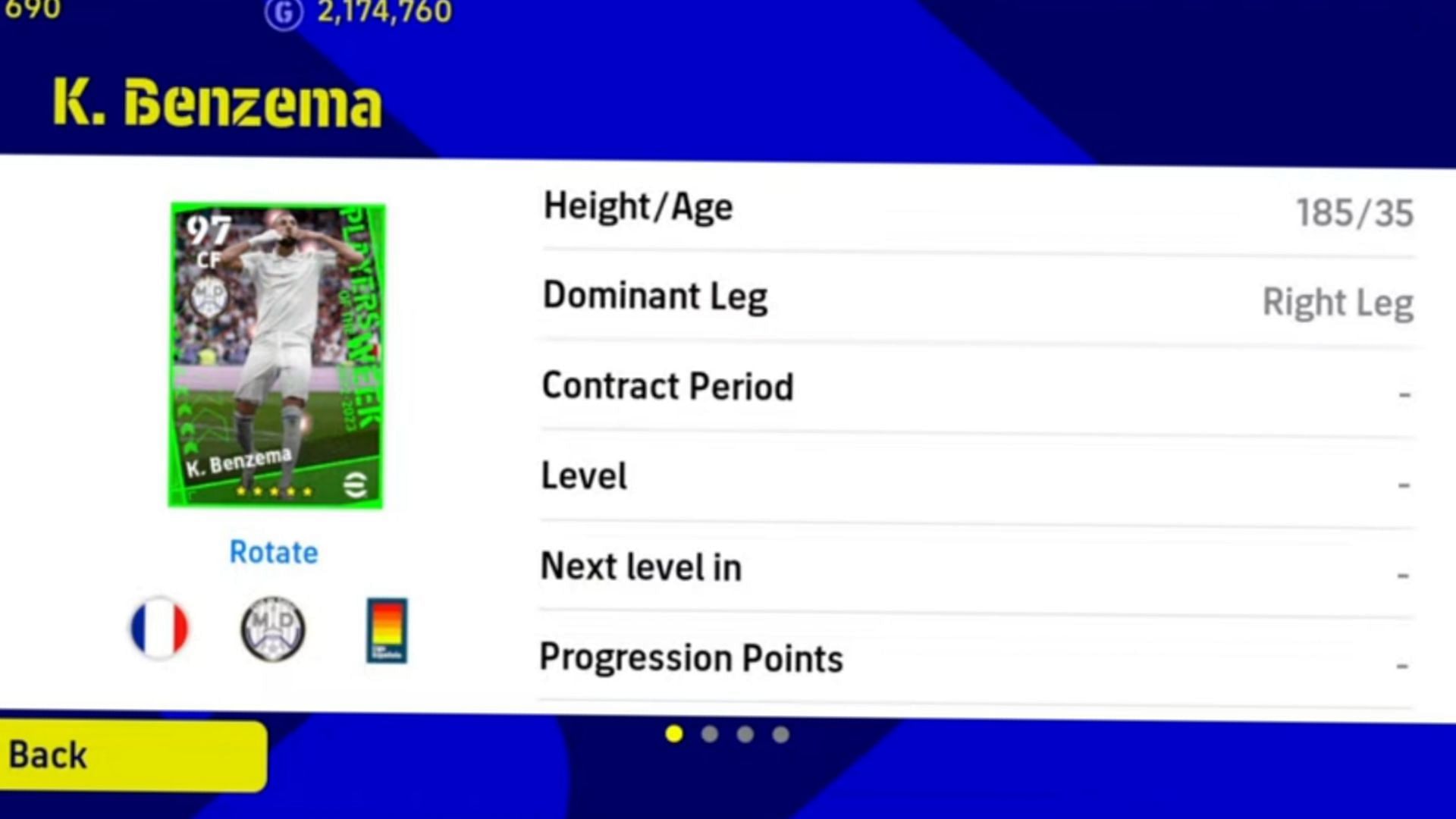 Benzema&#039;s stats in eFootball 2024 (Image via Konami)