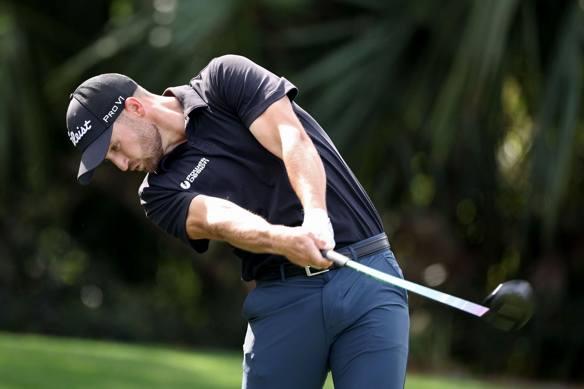 Wyndham Clark plays his shot from the seventh tee during the first round of the Players Championship.