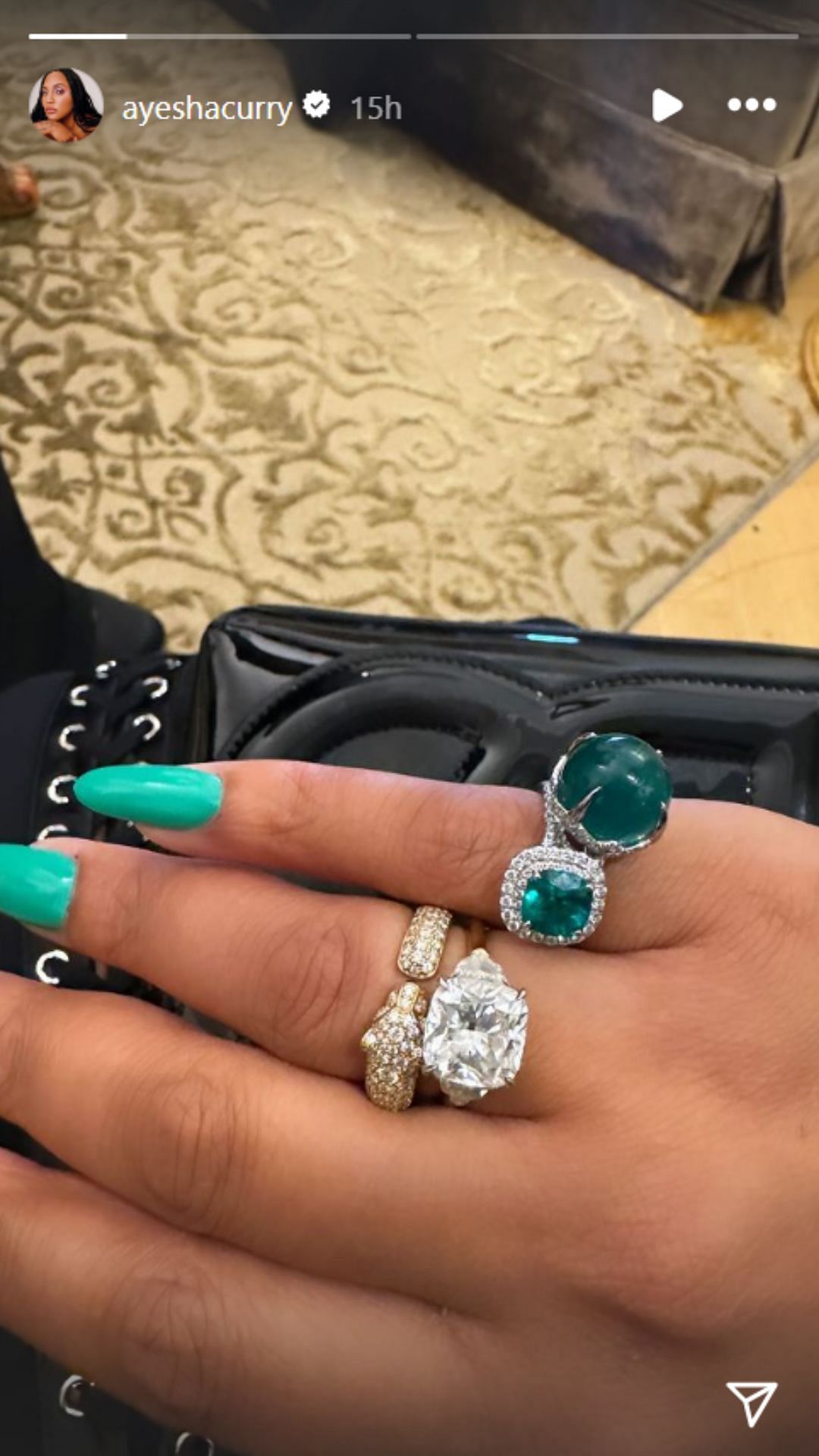 Ayesha Curry&#039;s Instagram story featuring her luxurious Emerald ring
