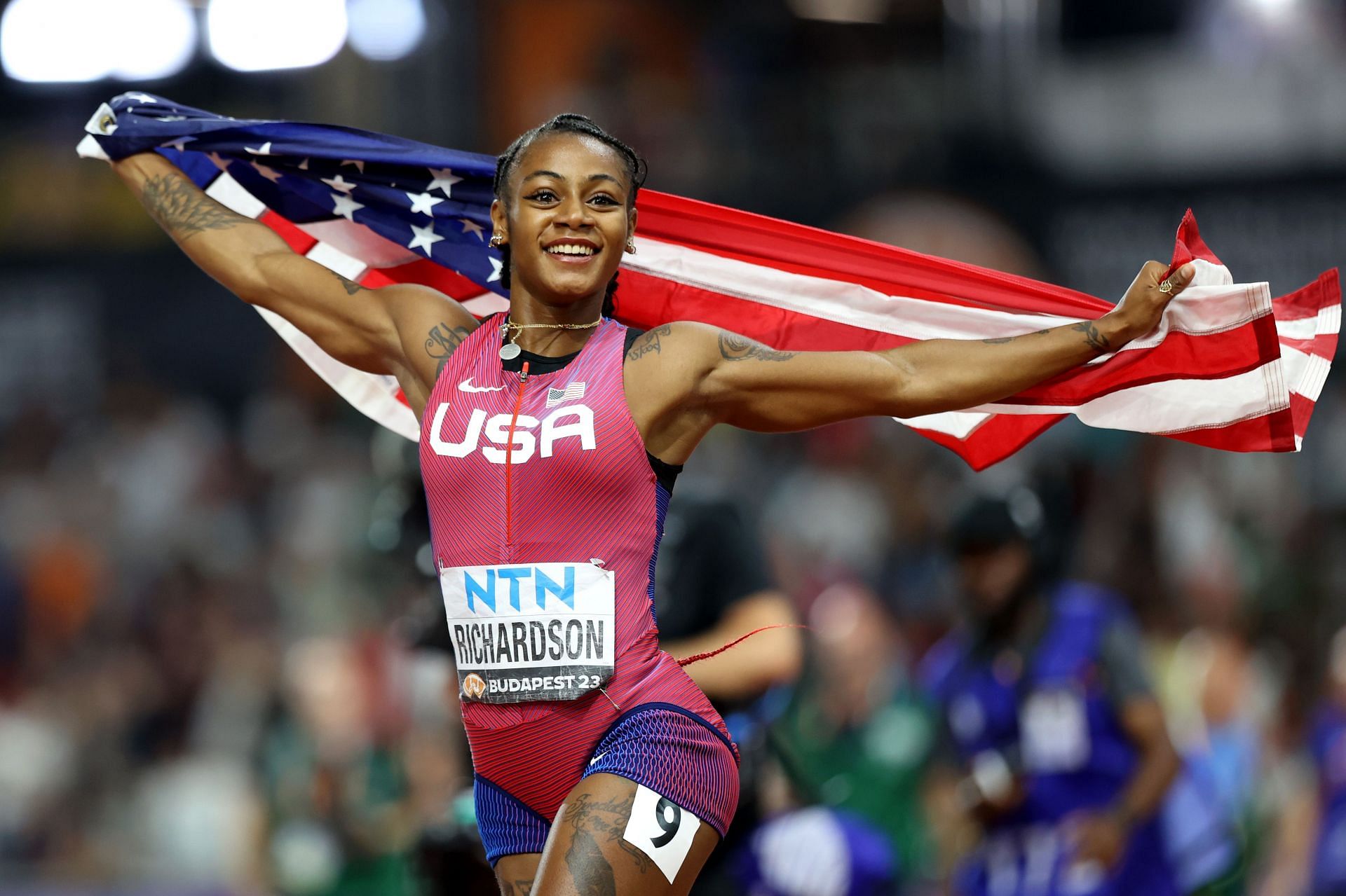 Sha&#039;Carri Richardson of Team United States celebrates winning the Women&#039;s 100m Final during day three of the World Athletics Championships Budapest 2023. (Photo by Michael Steele/Getty Images)