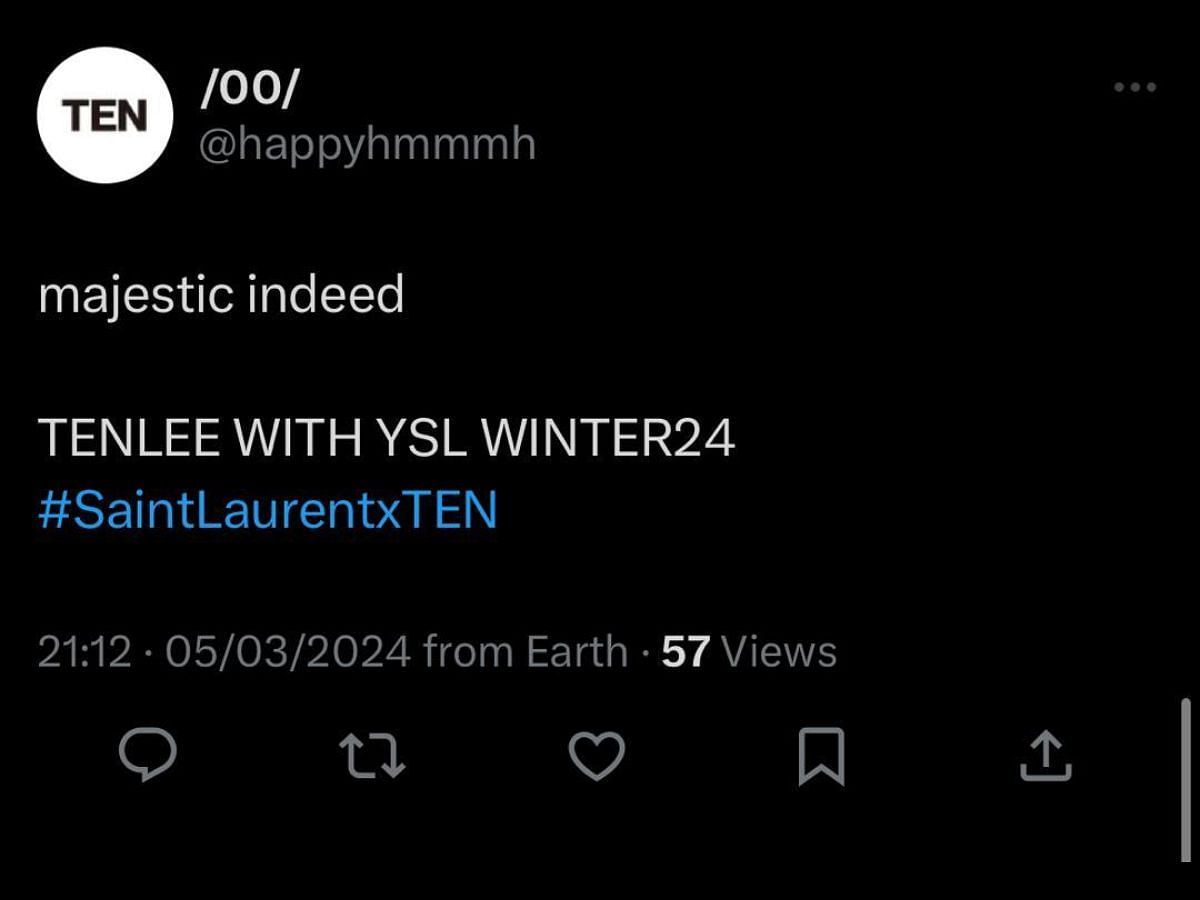 Fans appreciate Ten&#039;s look for the Yves Saint Laurent men&#039;s winter collection for Paris Fashion Week 2024 (Image via X/Viraltakes)