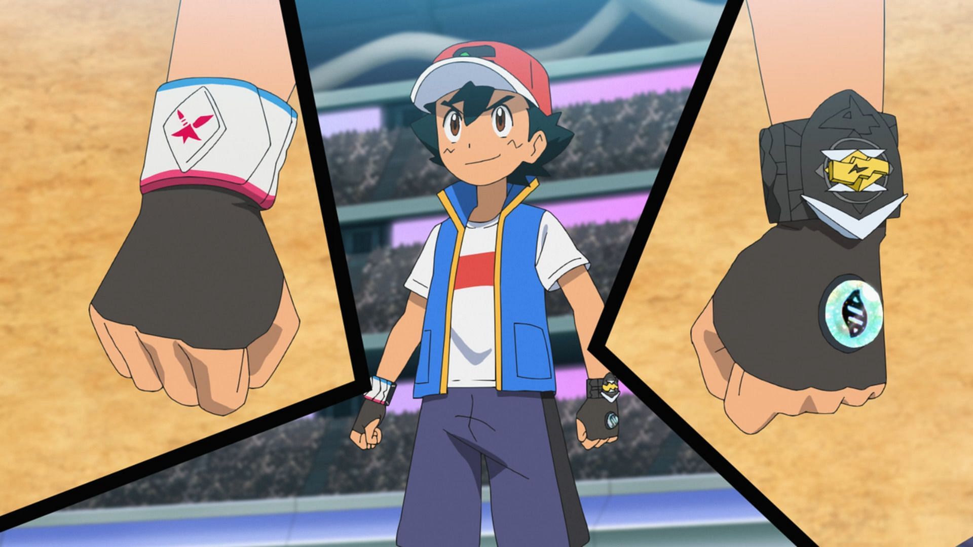 Ash with various battle gimmick accessories in the anime
