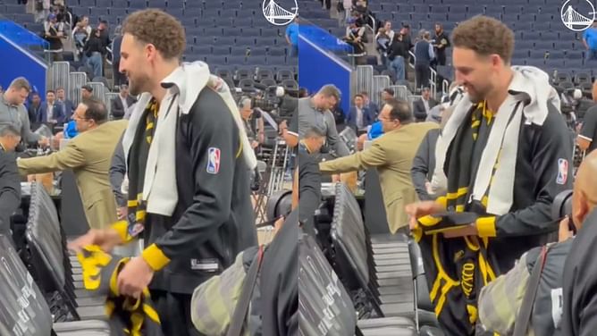 WATCH: Klay Thompson’s spot on comic timing as fan asks for autograph on Steph Curry jersey