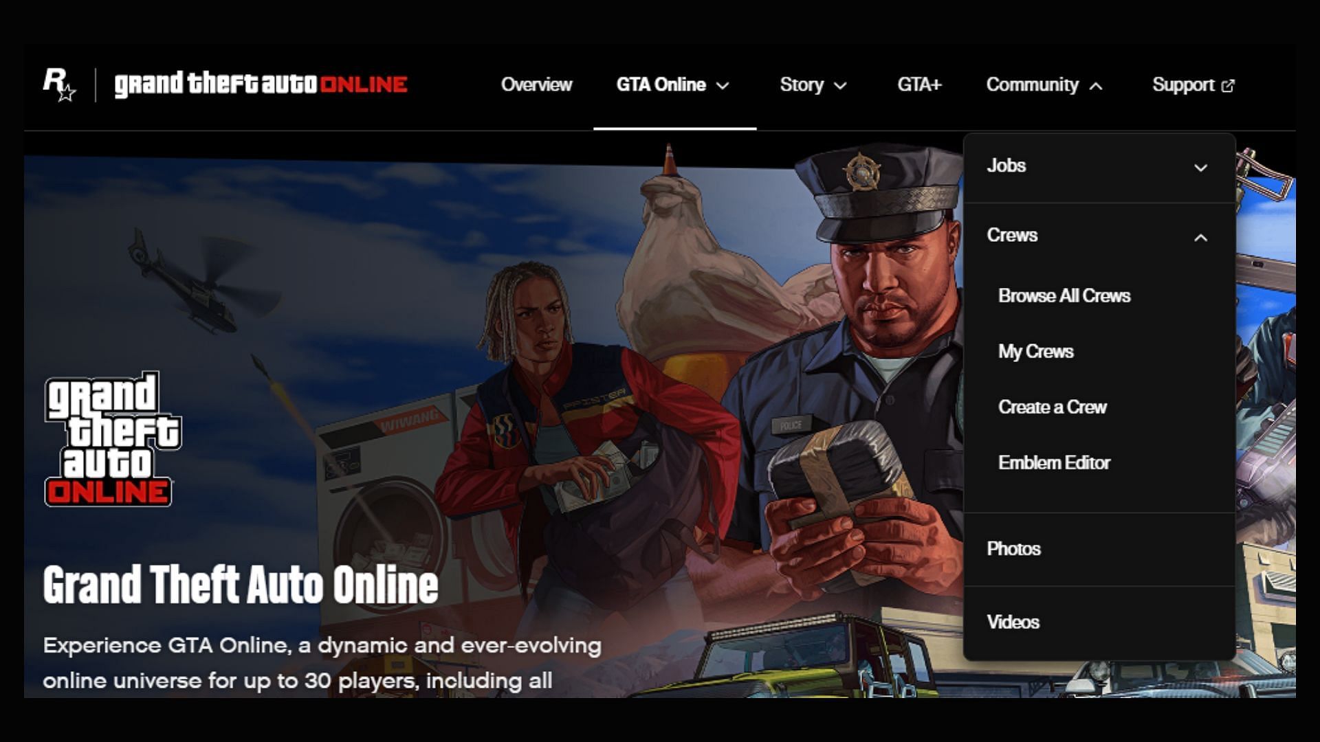 How to make a crew in GTA 5 Online: The Community tab (Image via Rockstar Games)